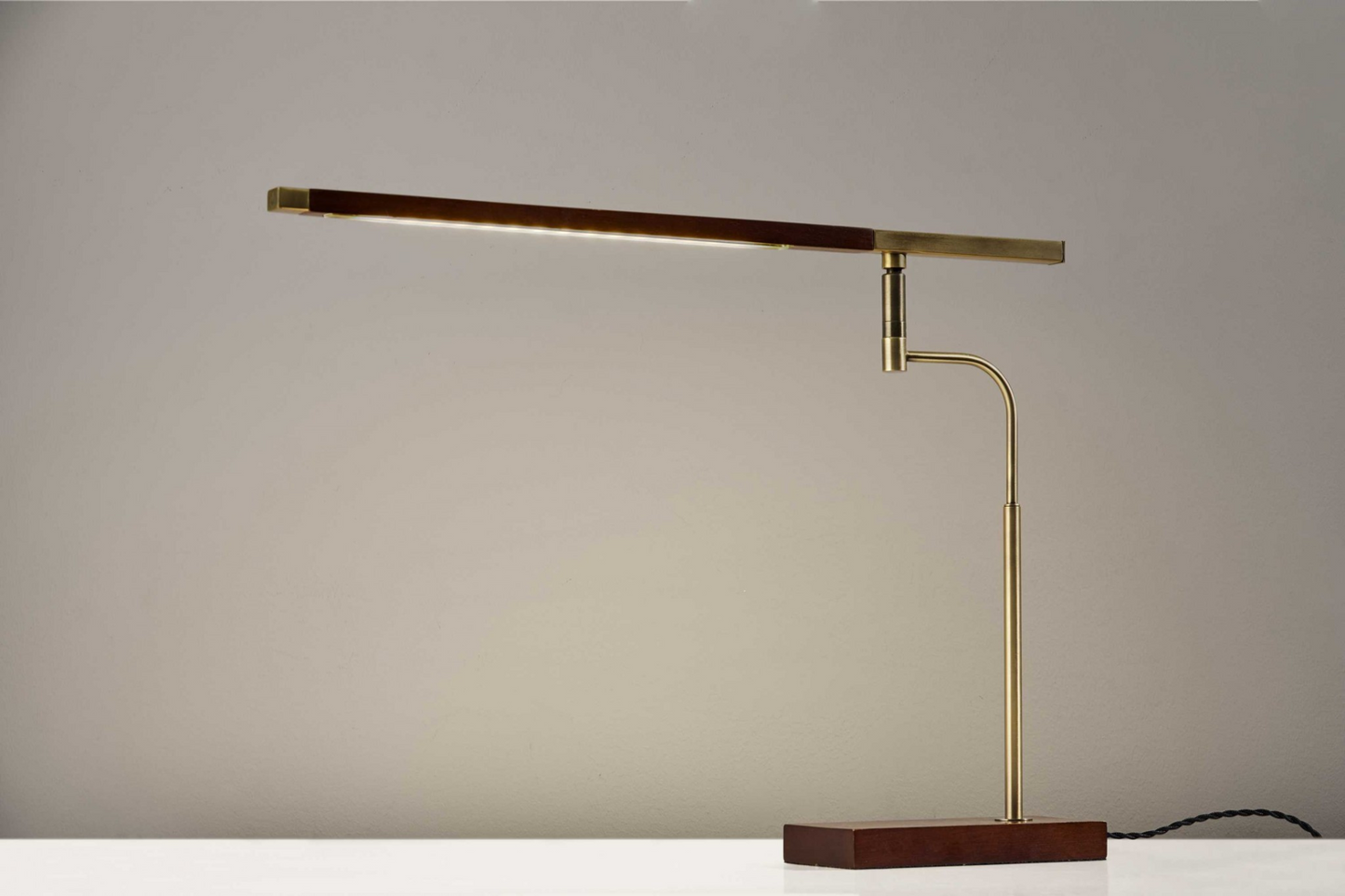 Adjustable Led Desk Lamp - Walnut Wood Finish & Antique Brass