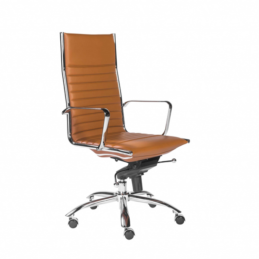 High Back Ribbed Office Chair With Chrome Base - Cognac