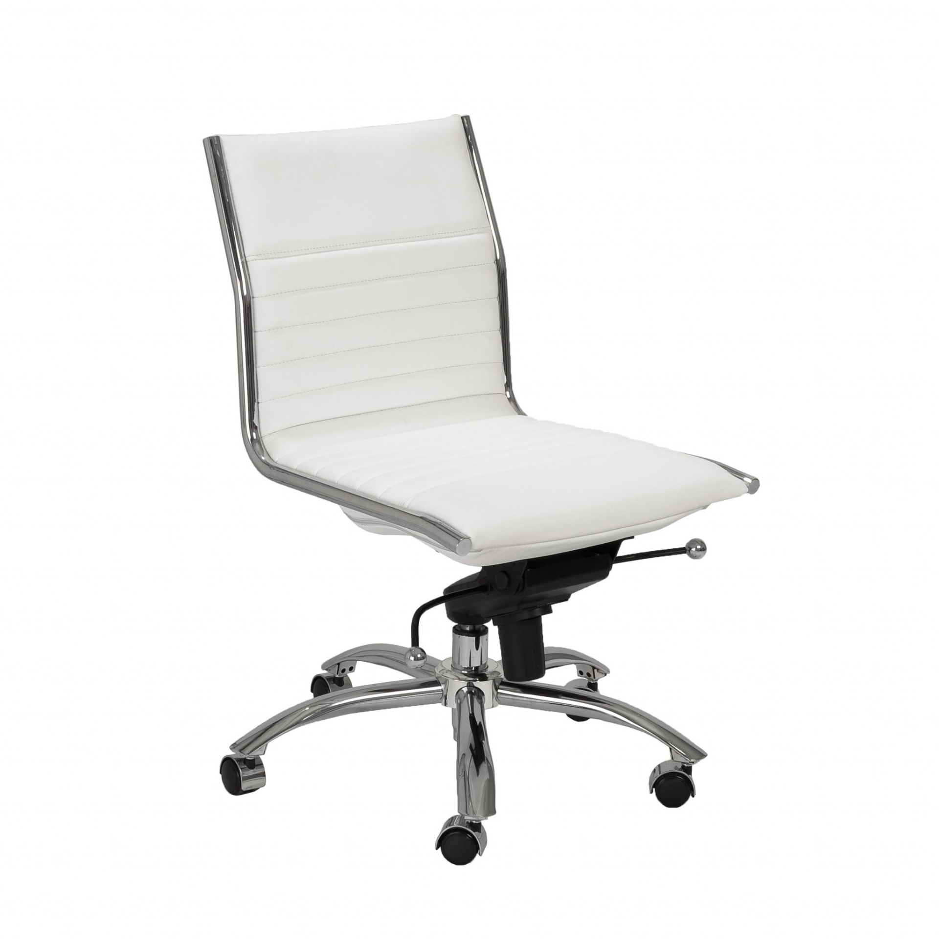 mid back swivel task chair in white faux leather on chrome steel base
