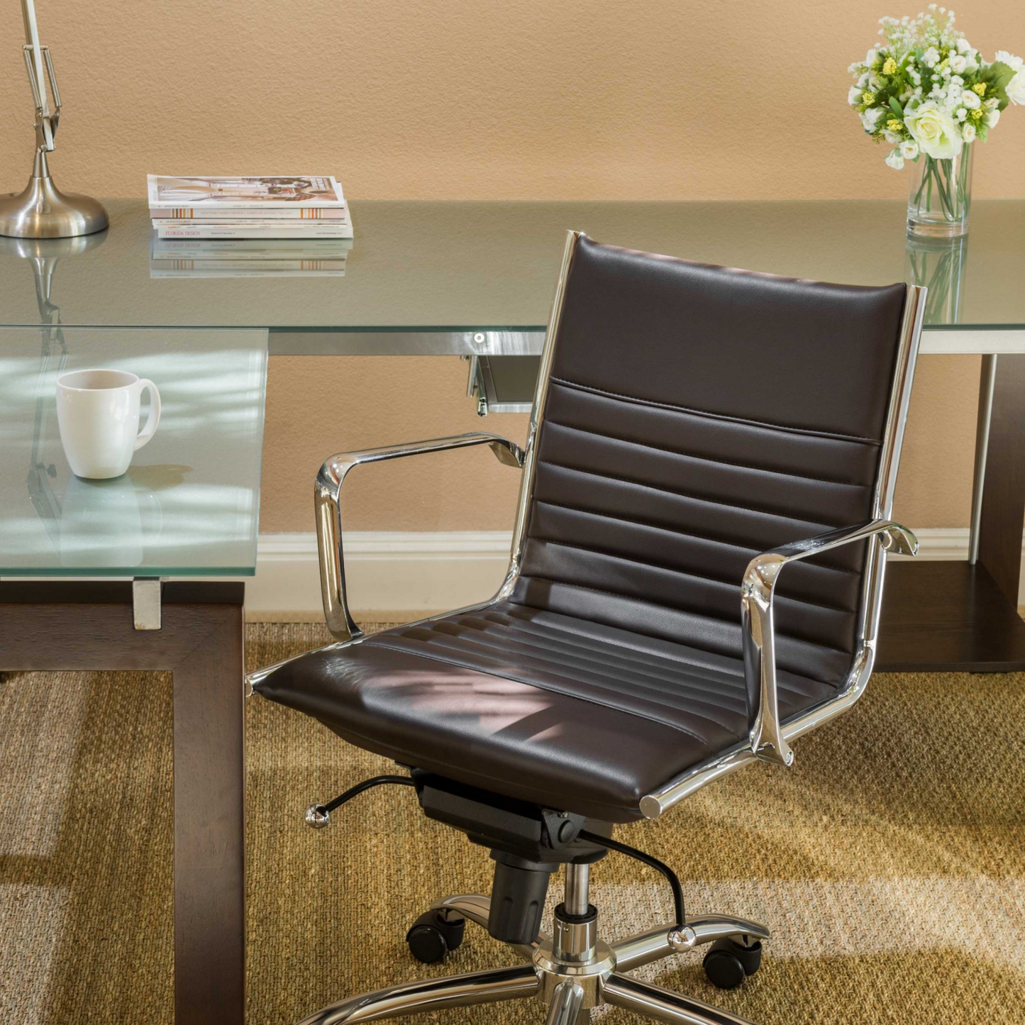 Low Back Ribbed Office Chair - Brown With Chromed Steel Base