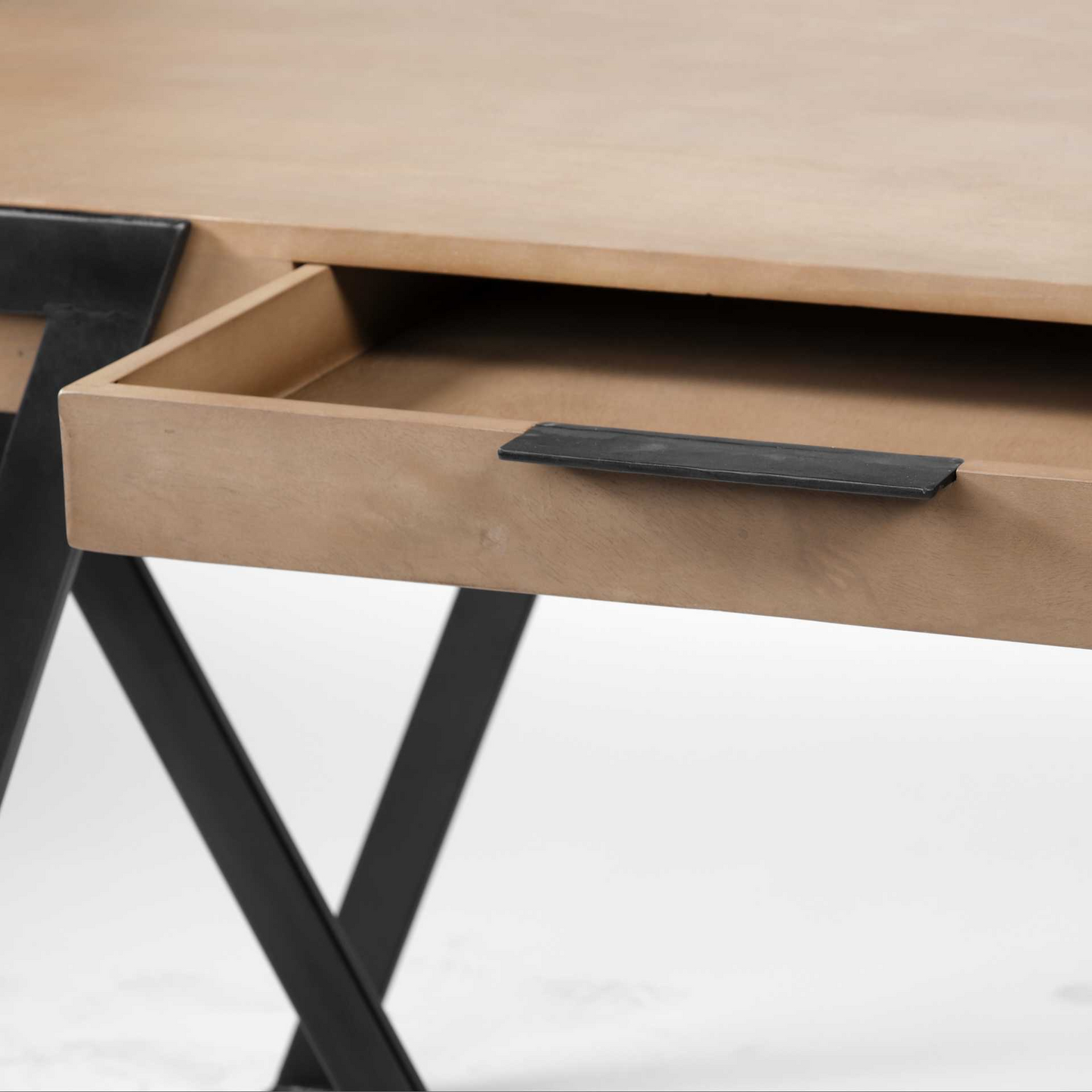 Solid Mango Wood Finish Writing Desk With Single Storage And Black Triangular Iron Legs