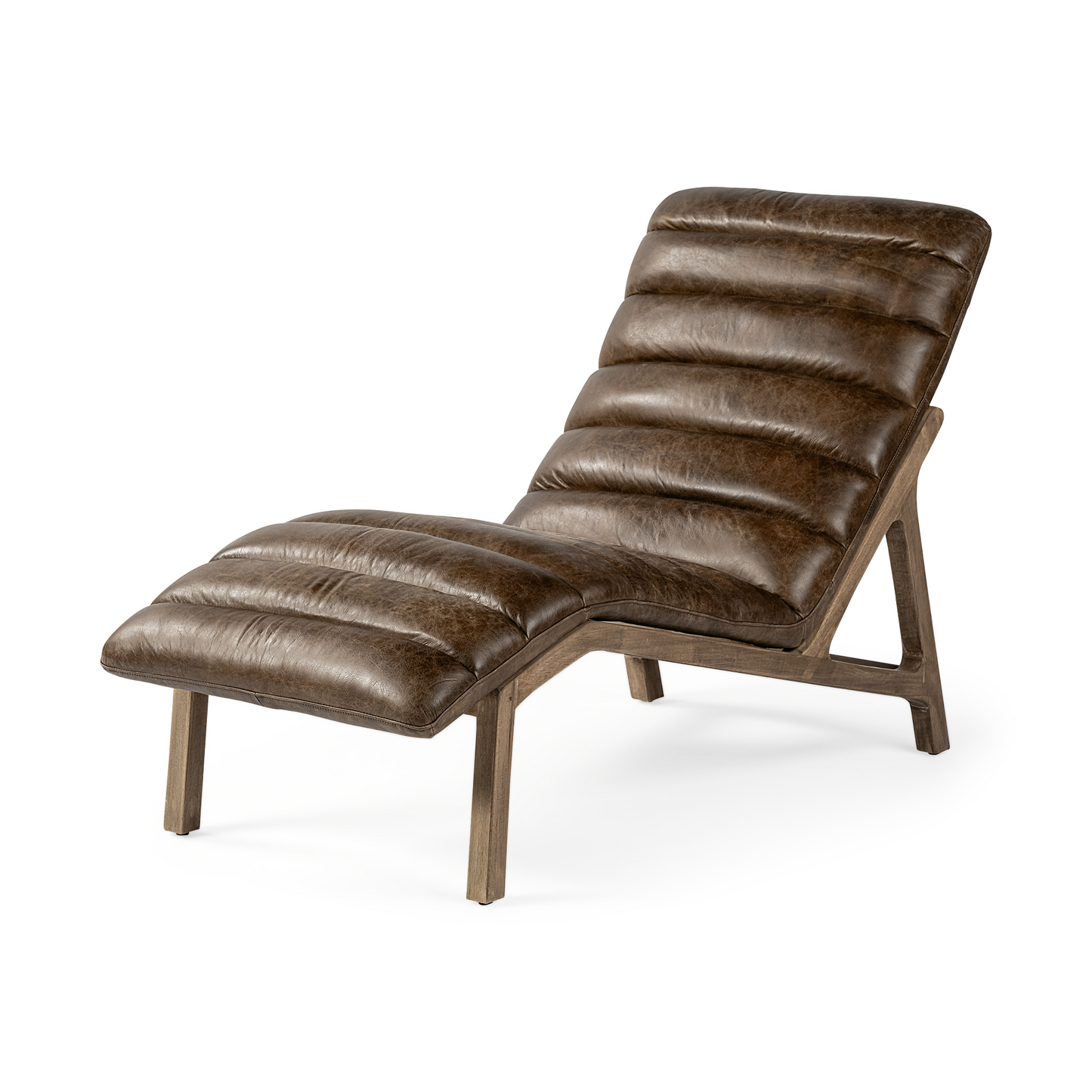 brown leather chaise on wood frame