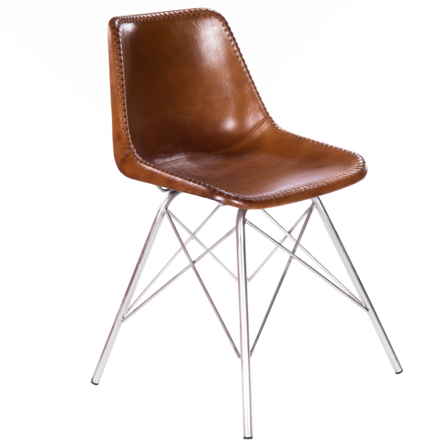 brown leather bucket chair with silver Eiffel Tower base