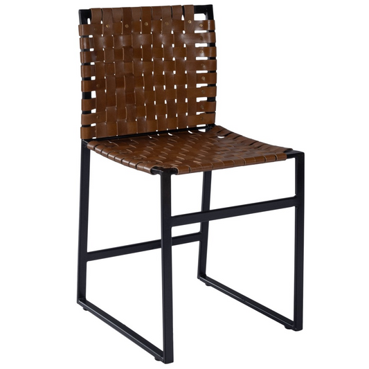 armless chair with brown leather woven seat and back on black metal frame