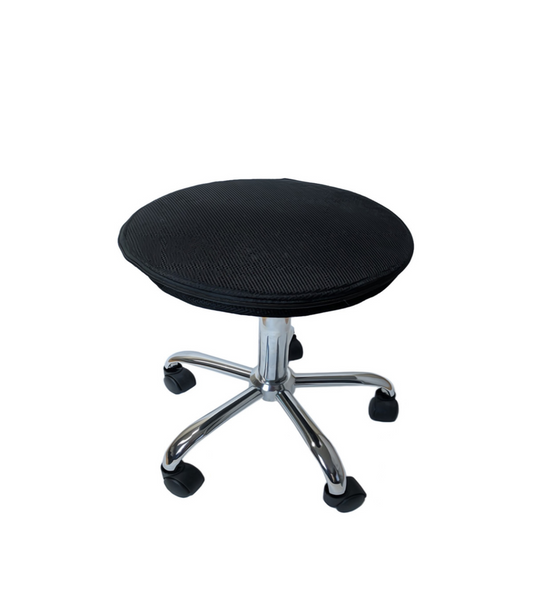 rolling flat padded stool with black cushion and silver base