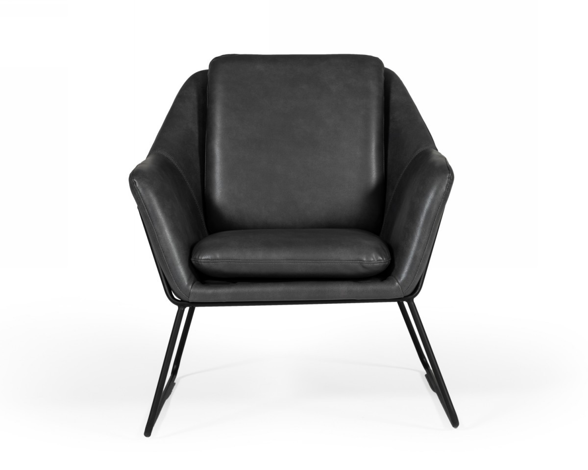 Grey leather chair with arms and black metal frame legs