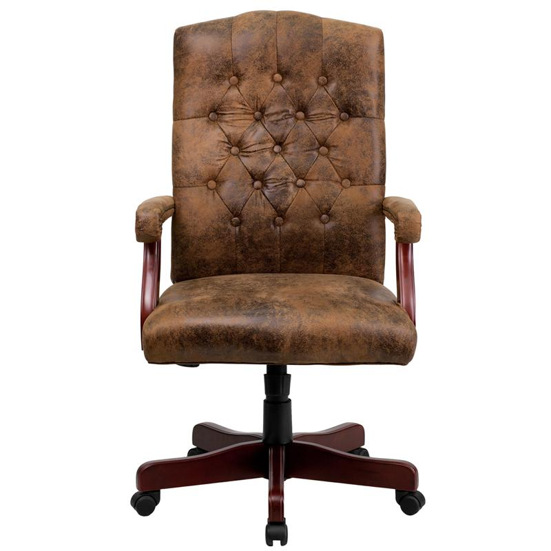 brown tufted high back swivel office chair on mahogony base