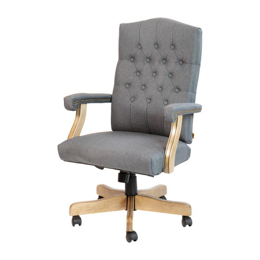 Executive Swivel Office Chair with Driftwood Arms and Base - Gray Fabric