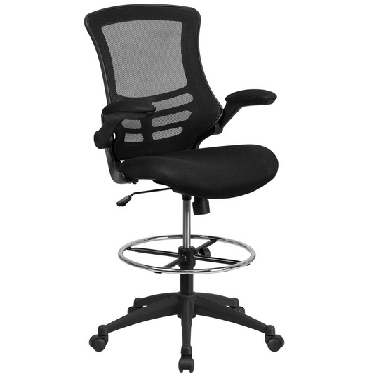 Mid-Back Black Mesh Ergonomic Drafting Chair with Adjustable Foot Ring and Flip-Up Arms - The Higher Gallery