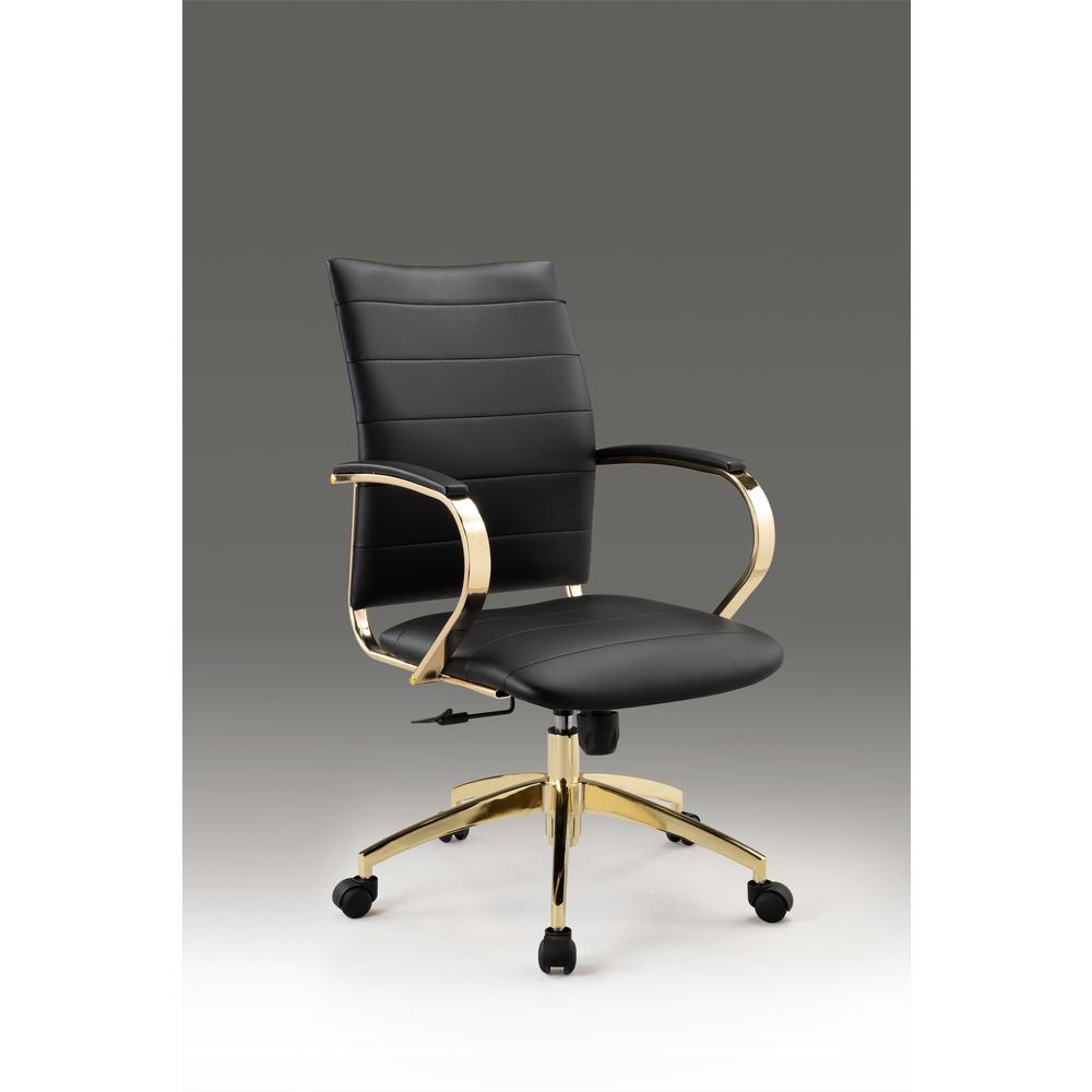 black leather ribbed high back swivel office chair with gold base