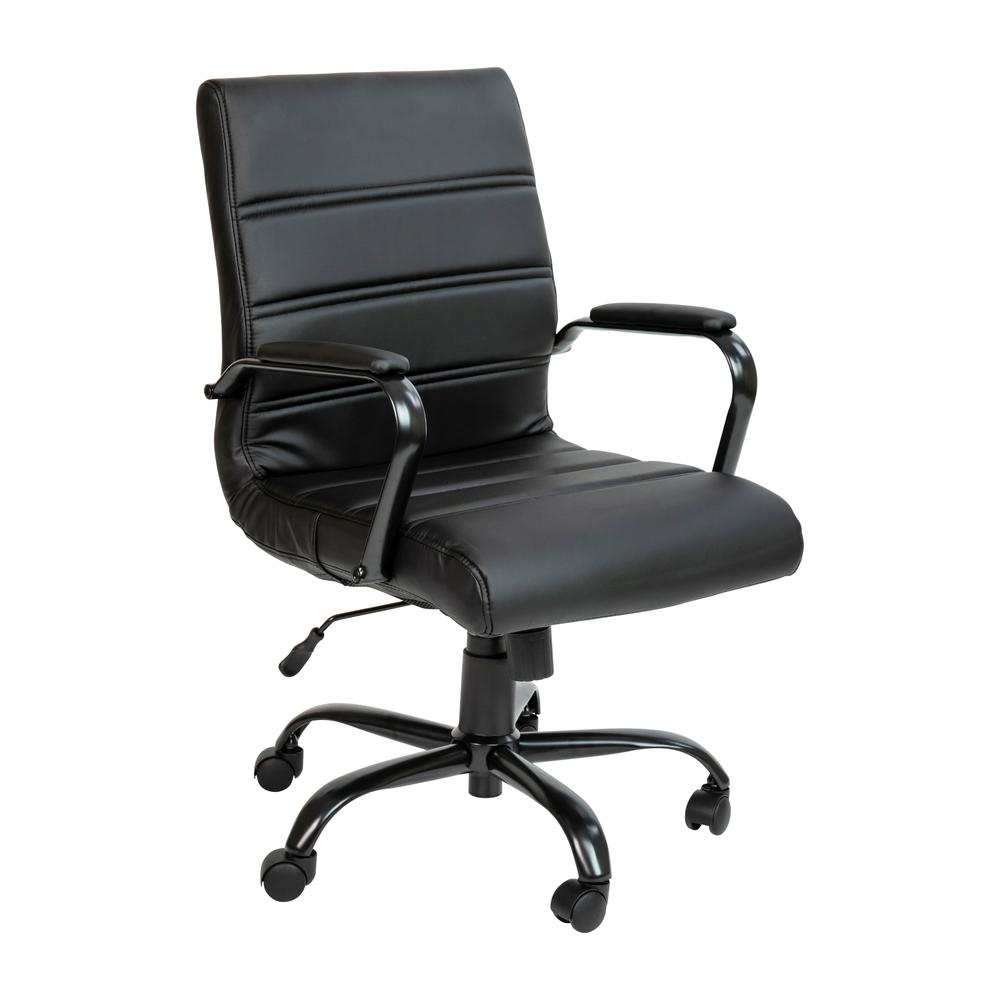 Mid-Back Swivel Office Chair with Arms - Black LeatherSoft