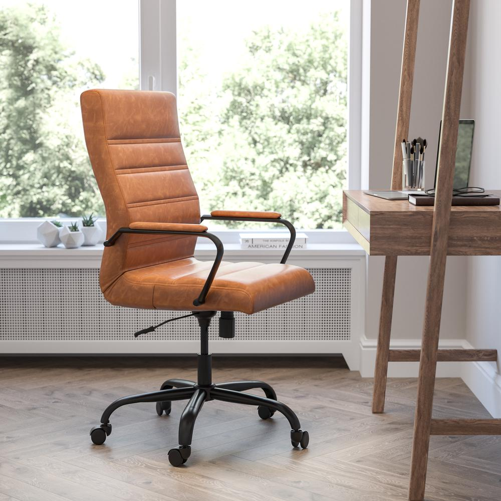 brown leather high back  swivel office chair with arms and black base