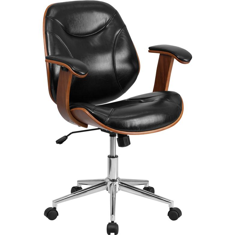 black and bent walnut leather task chair with arms