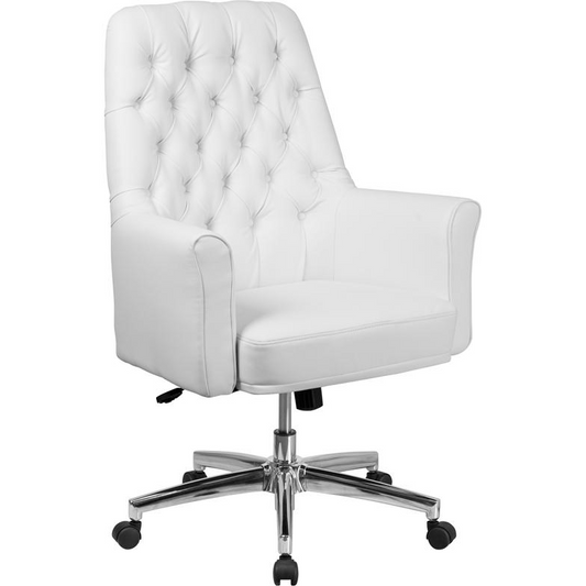 Mid-Back White LeatherSoft Executive Swivel Office Chair with Arms