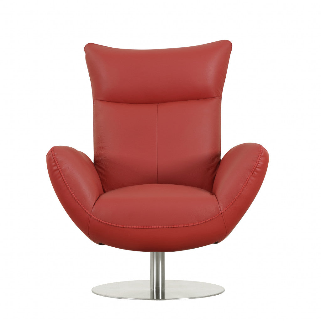Red And Silver Genuine Leather Swivel Lounge Chair