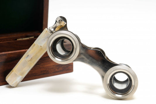 Mother Of Pearl Opera Glasses In Wood Storage Box