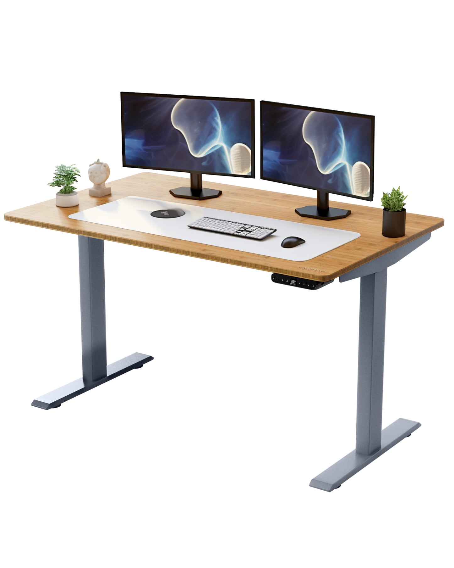 Premium Dual Motor Electric Office Adjustable Desk - Gray and Natural Bamboo