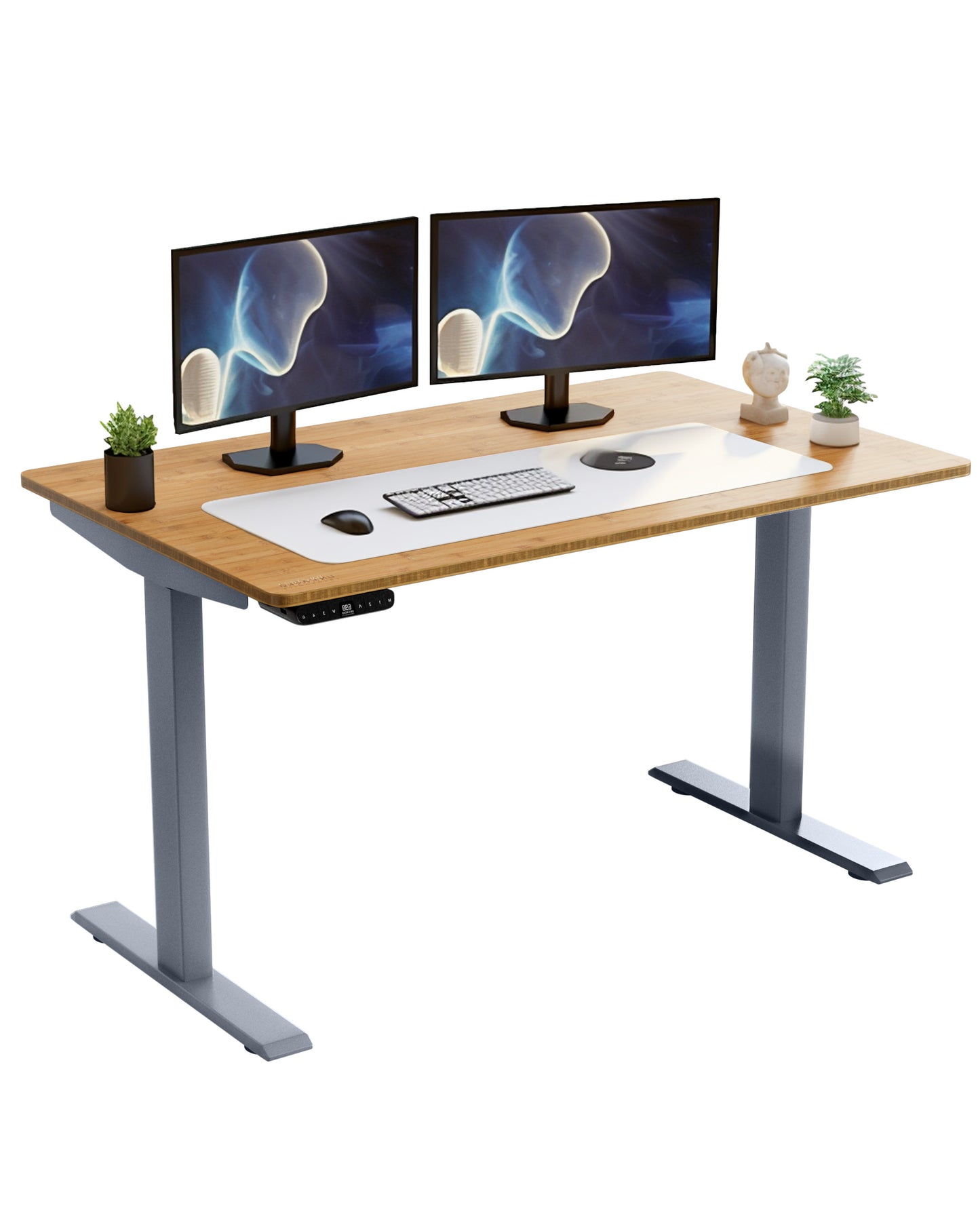 Premium Dual Motor Electric Office Adjustable Desk - Gray and Natural Bamboo