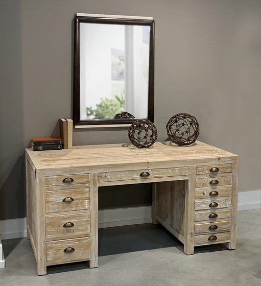 Pine Solid Wood Credenza Desk With Twelve Drawers