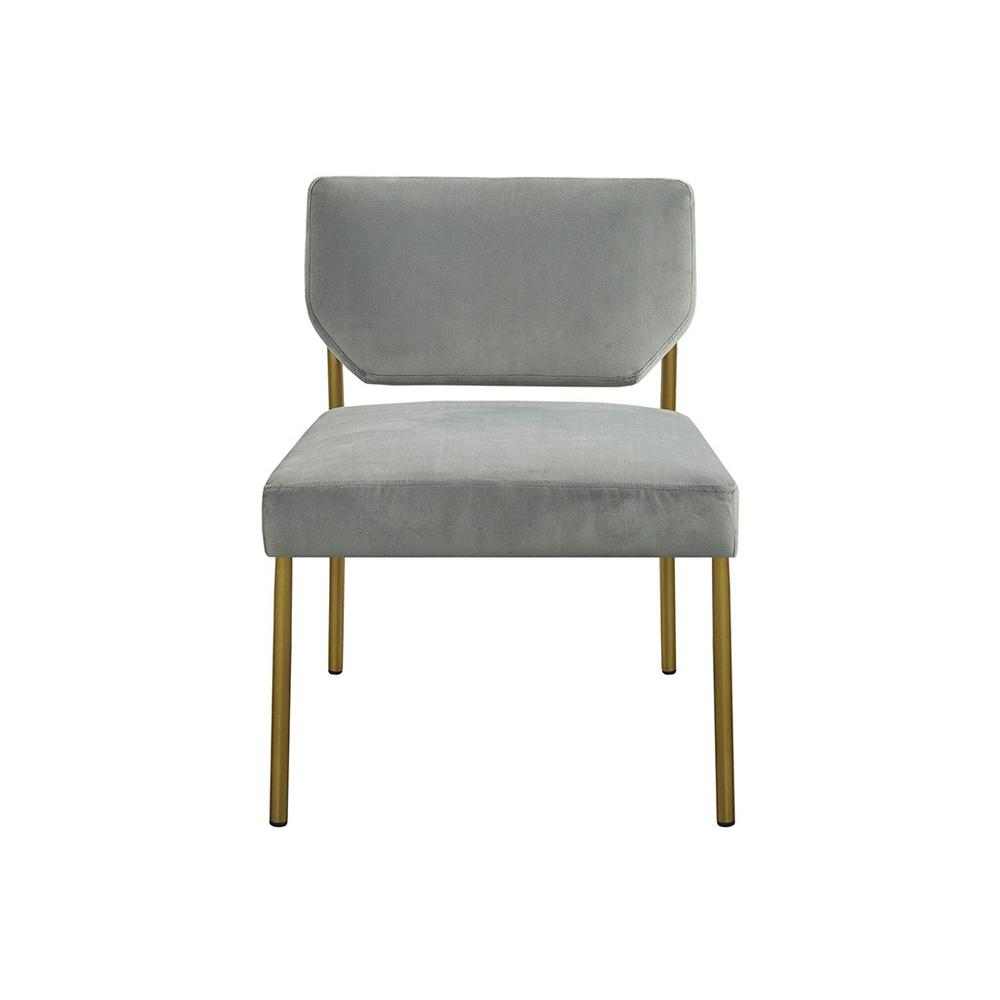 cool grey slipper chair with gold metal legs.