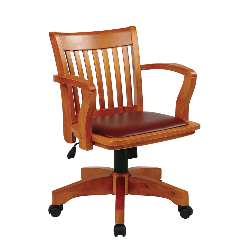 wood banker chair with slat back and burgundy cushion