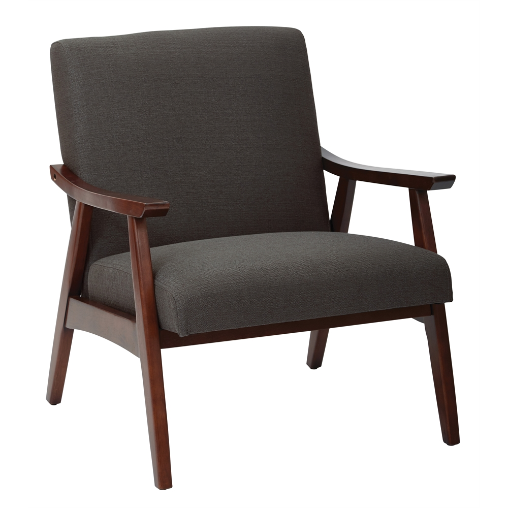 mid-century modern chair with grey upholstery and tapered wood legs