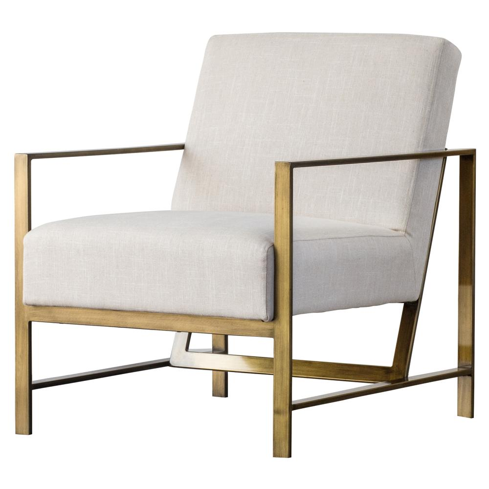 mid-century modern style with brushed gold angular metal frame with cream fabric seat and back cushion